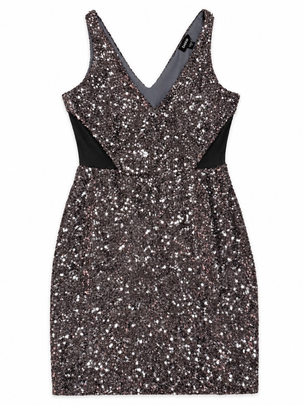 bebe Gunmetal Sequin V-Neck Mini Dress